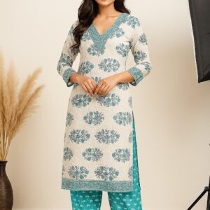Teal Floral Print Kurti with Pant Set
