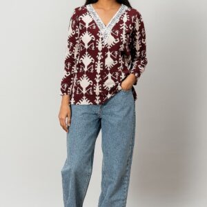 Maroon Ikat Print V-Neck To