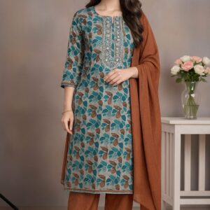 Teal Leaf Print Kurta Set with Embellished Yoke