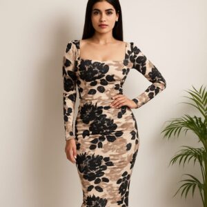 Abstract Floral Square Neck Midi Dress