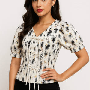 Abstract Puff Sleeve Tie-Front Top