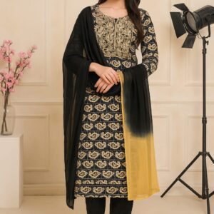 Black & Gold Printed and Embroidered Kurta Set