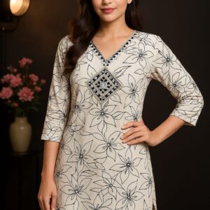 Three-Quarter Sleeve Cotton Floral Kurti