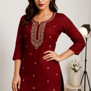 Maroon Embroidered Yoke Short Kurti