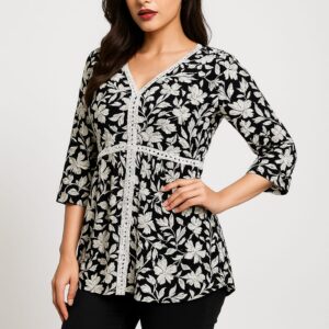 "Black & White Floral Print Peplum Top"